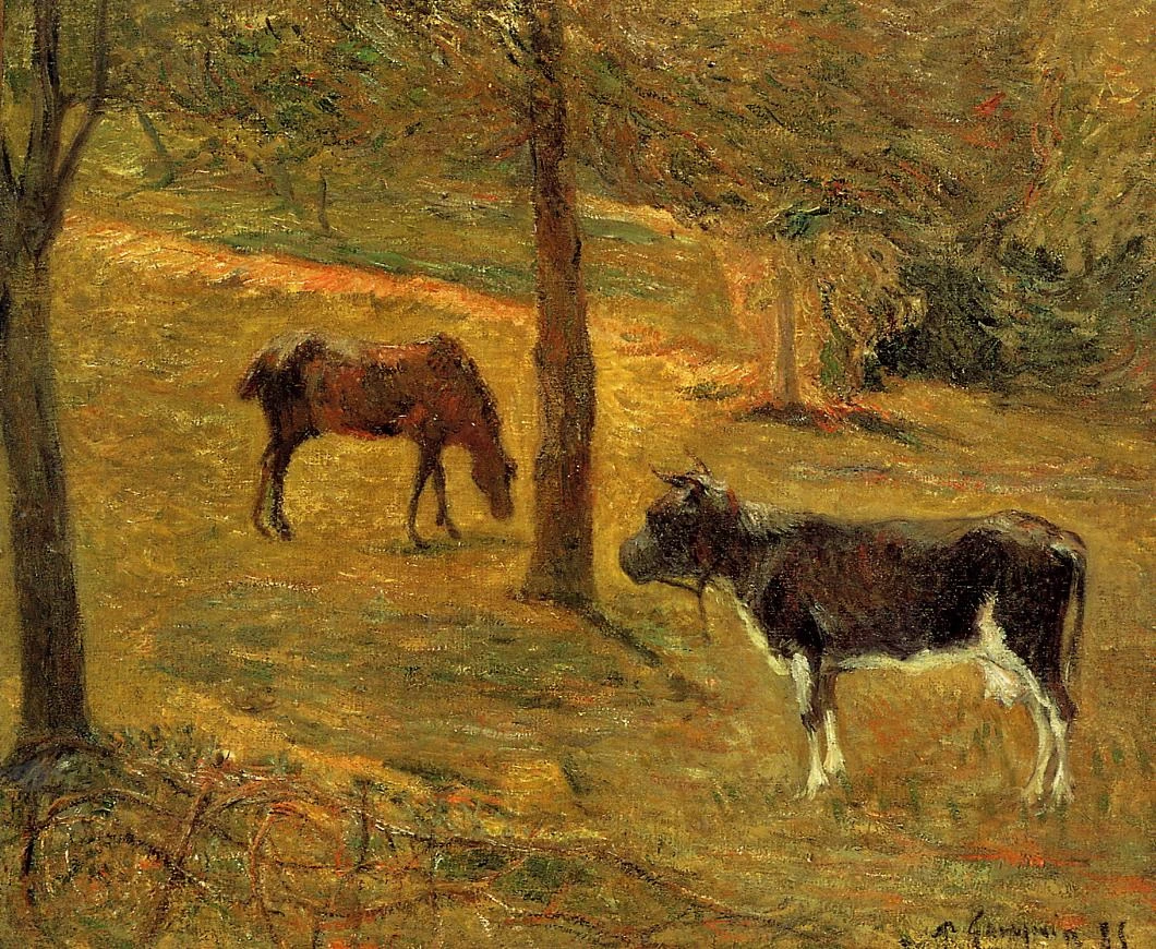 Cavallo e mucca in un campo